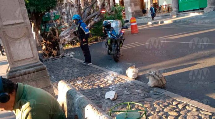 #VIDEO | Vehículo recolector de basura daña pieza de cantera al chocar contra árbol en Plaza de Armas de Morelia