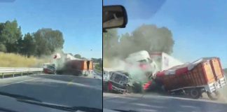 #VIDEO | Fuerte colisión entre camión de carga y tráiler bloquea carretera #México