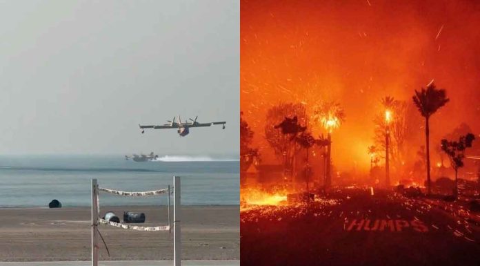 #VIDEO | Así recogen agua los aviones en la Bahía de Santa Mónica para tratar de sofocar los incendios