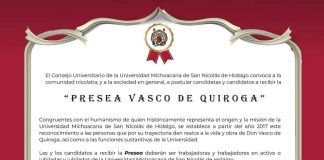 UMSNH invita a postular candidatas y candidatos a la “Presea Vasco de Quiroga”