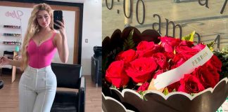 Dejan arreglo floral afuera de la estética de Valeria Márquez con el mensaje “Perdón”