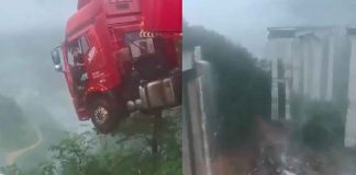#VIDEO | Puente colapsa en China, camionero sobrevive a caída al vacío después de quedar colgando dentro del gran vehículo