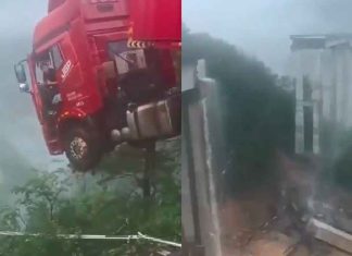 #VIDEO | Puente colapsa en China, camionero sobrevive a caída al vacío después de quedar colgando dentro del gran vehículo
