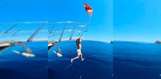 #VIDEO || Hombre en Turquía simula caminar sobre el agua colgado desde un bote