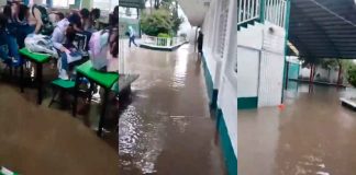 #VIDEO || ¡Clases entre el agua! Inundación en primaria de Acolman obliga a alumnos a subirse a pupitres