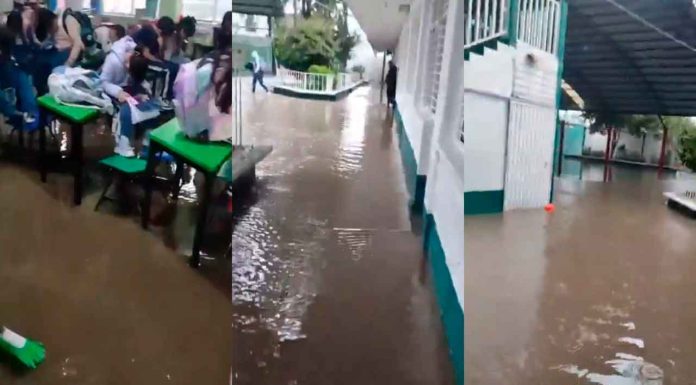 #VIDEO || ¡Clases entre el agua! Inundación en primaria de Acolman obliga a alumnos a subirse a pupitres