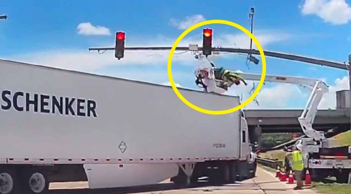 #VIDEO | Un obrero sobrevivió al impacto de un tráiler mientras trabajaba en lo alto arreglando un semáforo