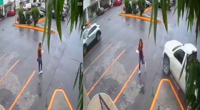 #VIDEO | Cámara capta escape asombroso de una mujer ante accidente vehicular