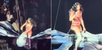 #VIDEO | Katy Perry casi cae de mariposa gigante durante concierto; así reaccionó