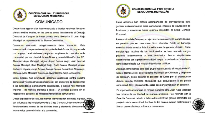 Consejo Comunal de Carapan señala no haber privado de la libertad a ex representante de Bienes Comunales