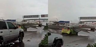 #VIDEO | Tormenta y espectacular gigante causan pánico, el anuncio cayó encima de dos vehículos