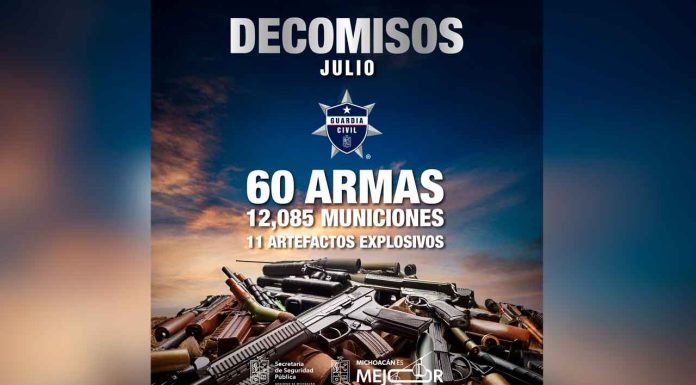En julio, SSP aseguró 60 armas de fuego y 11 explosivos en operativos en Michoacán