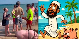 #VIDEO || Pareja lleva cerdo a la playa para ahuyentar a las bandas musulmanes