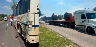 Choque entre autobús y tráiler en la carretera Morelia-Pátzcuaro deja daños materiales