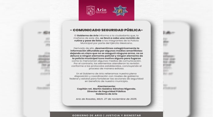 Gobierno de Ario desmiente versión sobre presunta fuga y aseguramiento de armas durante revisión a la Policía Municipal