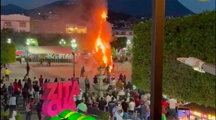 Incendio afecta árbol navideño en plaza Benito Juárez durante marcha