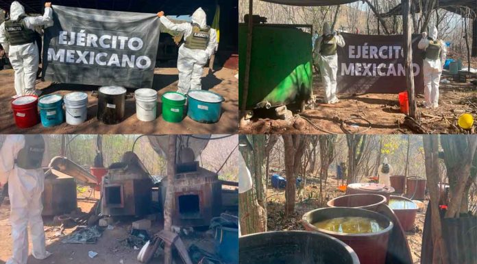 Guardia Nacional y Ejército Mexicano aseguran laboratorio clandestino para la elaboración de droga sintética en Michoacán