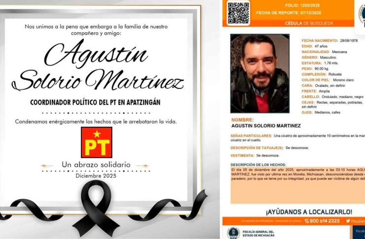 Localizan sin vida a Agustín Solorio Martínez, delegado distrital del PT en Apatzingán