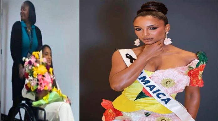 Miss Jamaica reaparece en silla de ruedas tras caída en Miss Universo 2025