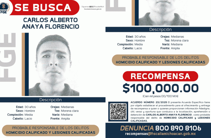 FGE ofrece recompensa de hasta 100 mil pesos por presunto homicida en Zitácuaro