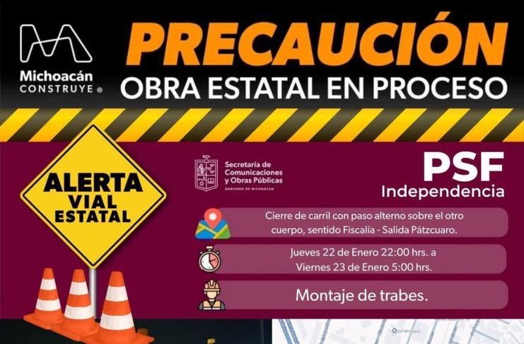Anuncian cierres viales en el distribuidor de la salida a Pátzcuaro por obras públicas