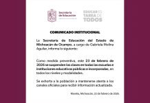 Se suspenden clases este lunes 23 de febrero: SEE