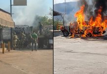 #VIDEO// Delincuentes queman vehículos, banco del Bienestar y base de combis en Aguililla