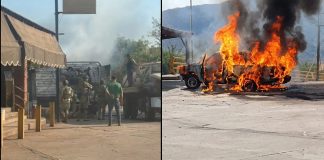 #VIDEO// Delincuentes queman vehículos, banco del Bienestar y base de combis en Aguililla