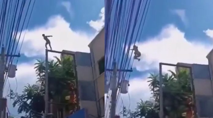 #VIDEO || Persona brinca sobre poste y provoca detonación