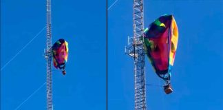 VIDEO// Globo aerostático choca y queda atorado en una torre con personas a bordo