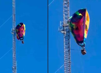 VIDEO// Globo aerostático choca y queda atorado en una torre con personas a bordo