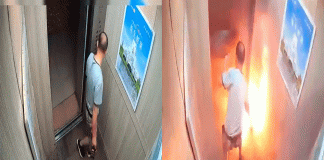 #VIDEO__Explosión de batería atrapa a un hombre dentro de un ascensor; momento captado en video