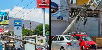 Camión chatarrero se atora en cableado y derriba postes de la CFE, en el Libramiento Poniente de Morelia