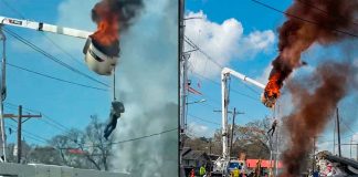 VIDEO // Trabajador queda colgando en una canasta mientras la unidad ardía en llamas