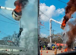 VIDEO // Trabajador queda colgando en una canasta mientras la unidad ardía en llamas