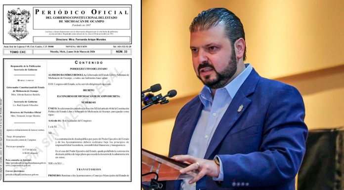 Publica Periódico Oficial decreto constitucional que prohíbe deuda a largo plazo en Michoacán: Raúl Zepeda