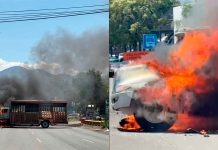VIDEO | Manifestantes de Arantepacua queman camión repartidor frente a la FGE