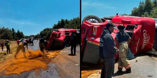 Volcadura de tráiler deja dos lesionados, sobre la carretera “libre” Uruapan-Lombardía