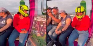 VIDEO | ¡Por si las dudas! Mujer se viraliza por subir con casco de moto al Teleférico de Uruapan