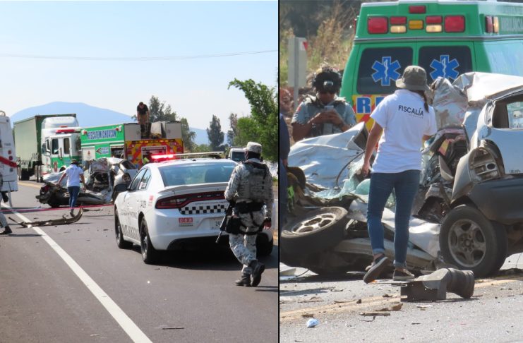 Brutal choque entre camión de pasajeros y auto, deja un muerto y 4 heridos leves en Michoacán