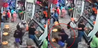 #VIDEO // Sujeto da codazo a mujer en mercado, hace caer a su hijo y luego huye molesto