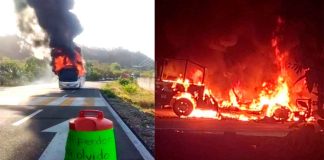 #VIDEO // Incendian autobús y bloquean carretera federal en Maruata: comuneros de Pómaro exigen justicia por triple homicidio