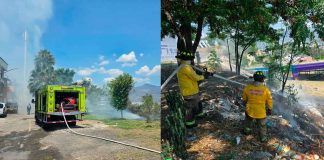 Policía Morelia y Bomberos sofocando incendio de pastizal en la Lomas del Tecnológico