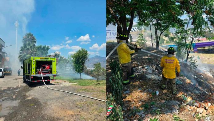 Policía-Morelia-y-Bomberos-sofocando-incendio-de-pastizal