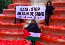 Activistas exigen alto al fuego en Gaza tras teñir de rojo fuente en París