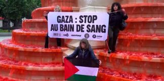 Activistas exigen alto al fuego en Gaza tras teñir de rojo fuente en París