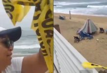 #VIDEO //Arranca cintas de seguridad y desafía la alerta por oleaje en playa