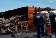 Vuelca tractocamión en la autopista Morelia-Salamanca; no hay lesionados