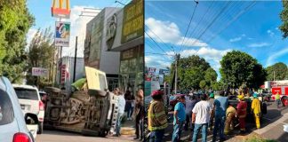 Un herido tras aparatoso choque – volcadura, en el Paseo Lázaro Cárdenas de Uruapan