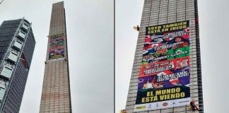 Greenpeace despliega lona en la Estela de Luz a días del Mundial 2026 en la CDMX
